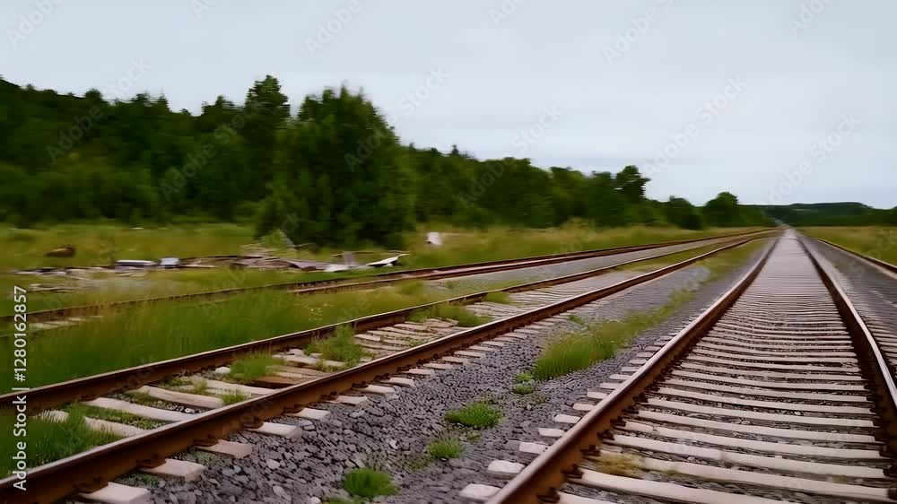 Rusty train tracks disappearing into the distance, covered in growing weeds and debris.
Rusty train tracks disappearing into the distance, covered in growing weeds and debris.