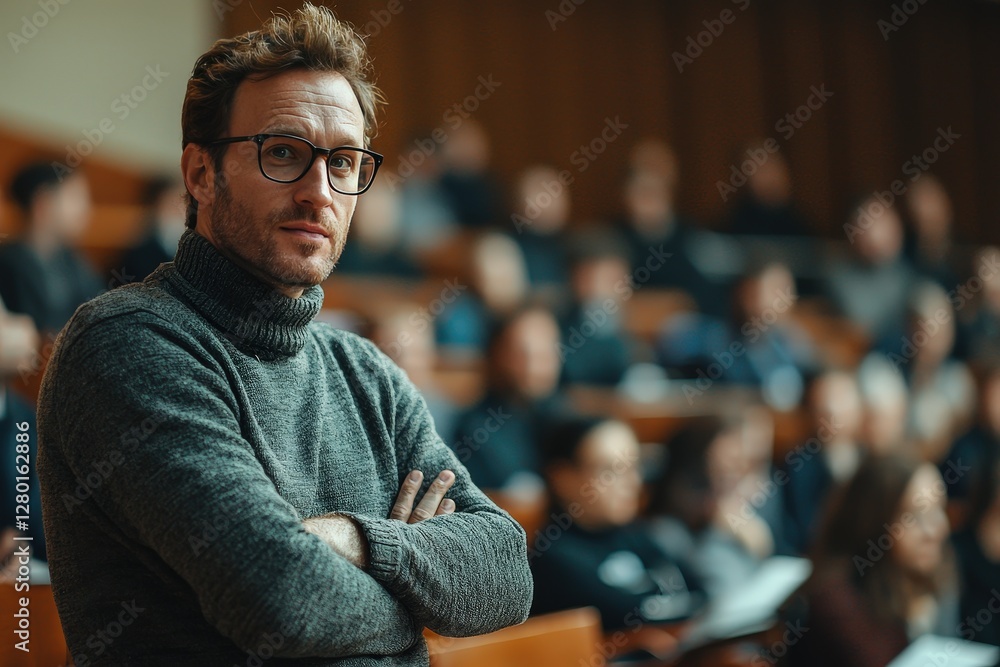 Fototapeta premium Lecturer gives an educational lecture he has deep knowledge in his field