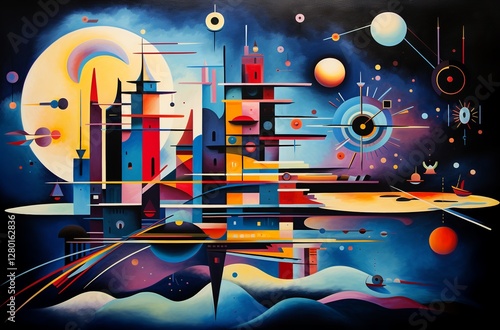 Abstract illustrations in Wassily Kandinsky style. Abstract painting with geometric shapes. AI generated.