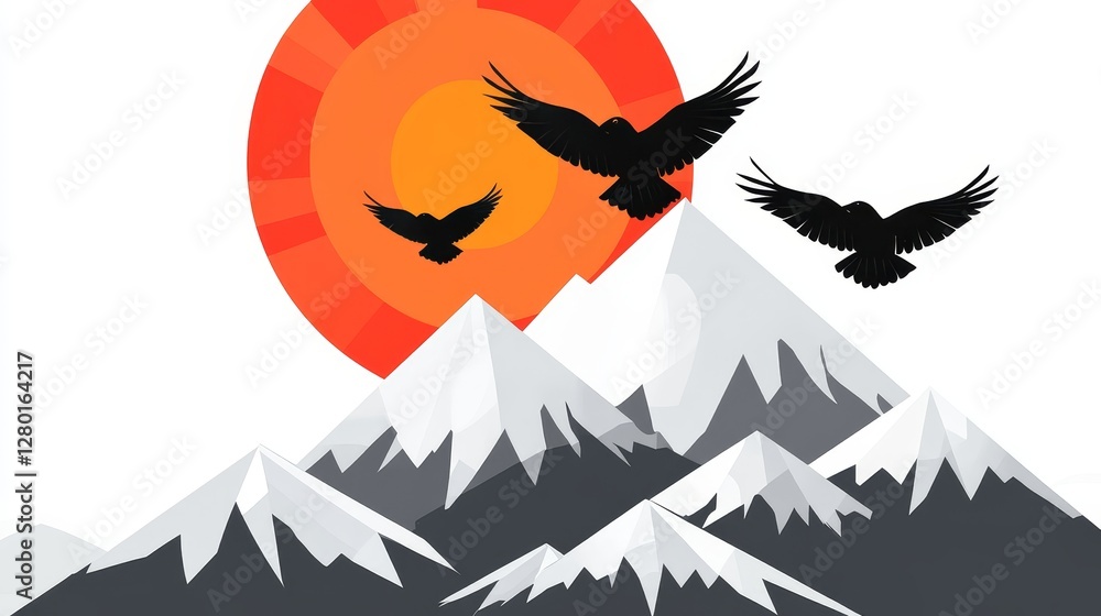 Fototapeta premium Pixelated avian flight over snowy peaks at sunset evokes retro digital art with stylized mountain ranges and minimalist bird silhouette