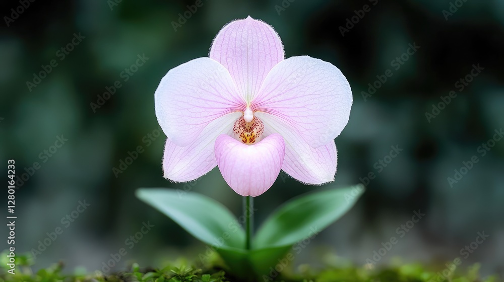 Obraz premium Pink orchid blossom in greenhouse, lush background, botany
