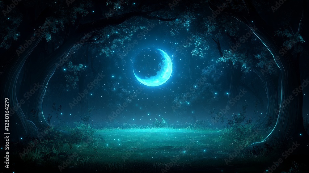 Obraz premium Serene nightscape with glowing crescent moon and starry field of light a tranquil ethereal scene for wallpapers or creative concepts
