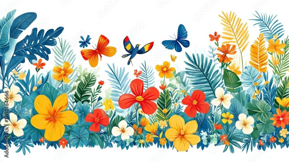 Obraz premium Floral and Butterflies Watercolor Seamless Pattern, Vibrant Tropical Garden with Exotic Blooms and Cute Insects for Fabric Prints and Wallpapers