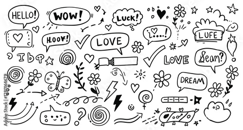 Collection of Hand-Drawn Speech Bubbles with Various Phrases and Emojis