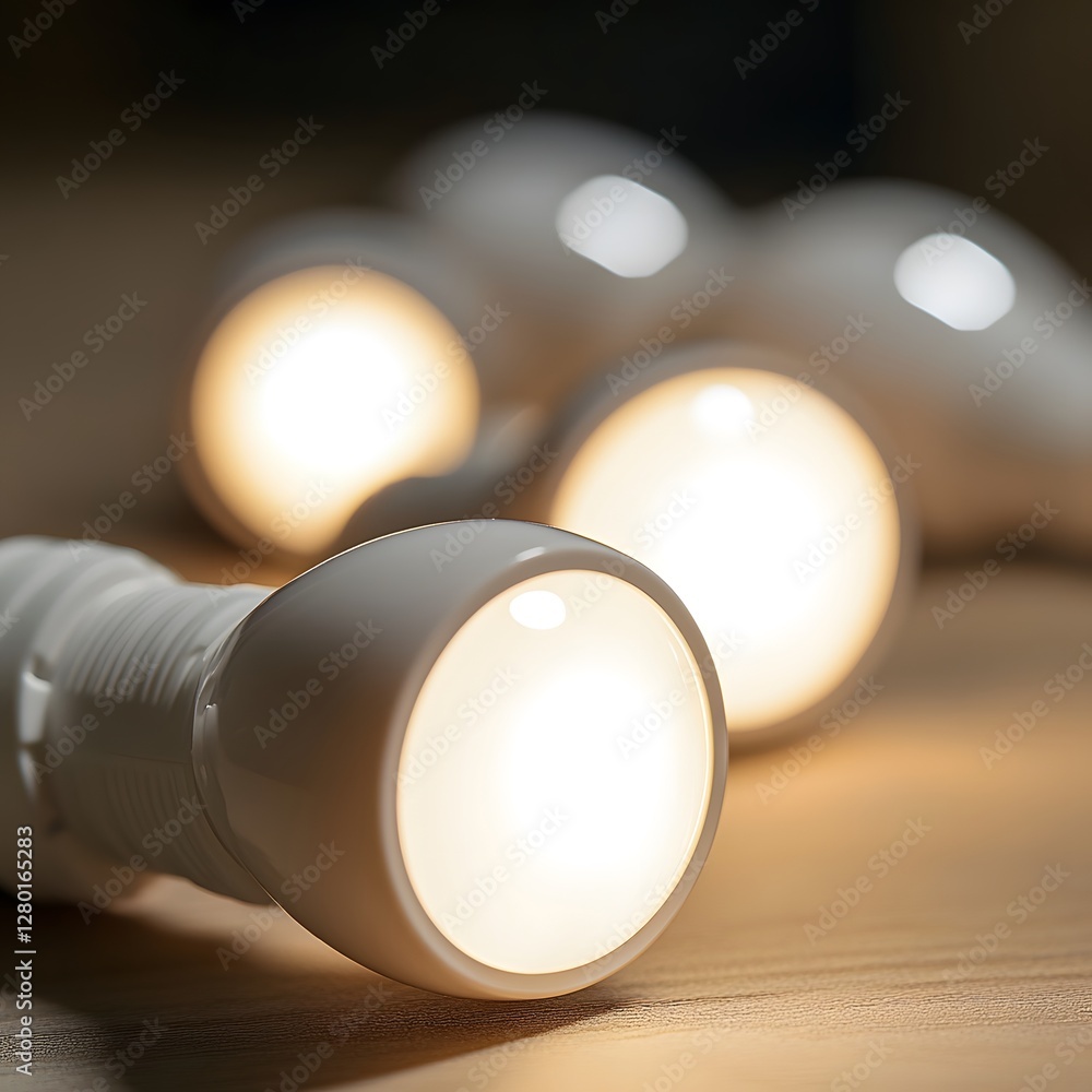 Close up of energy efficient LED bulbs emitting warm light, showcasing modern technology sustainable illumination, with sleek contemporary design emphasizing innovation, brightness, eco friendly effic Close up of energy efficient LED bulbs emitting warm light, showcasing modern technology sustainable illumination, with sleek contemporary design emphasizing innovation, brightness, eco friendly effic