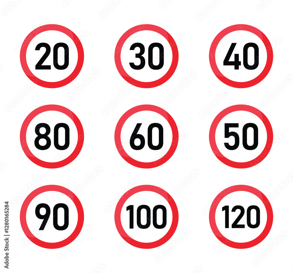 Driving speed limit sign set. printable traffic signs and symbols Driving speed limit sign set. printable traffic signs and symbols