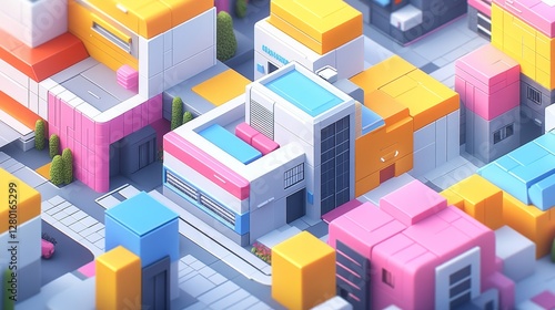Isometric Cityscape Pixel Art Colorful Urban Planning Digital Illustration Bright Modern Architecture Geometric Design Retro Style