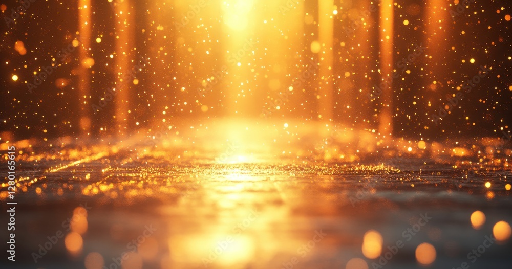 Golden Light with Sparkling Dust Falling on a Wet Surface in a Mysterious and Dreamlike Environment during Sunset or Sunrise Golden Light with Sparkling Dust Falling on a Wet Surface in a Mysterious and Dreamlike Environment during Sunset or Sunrise