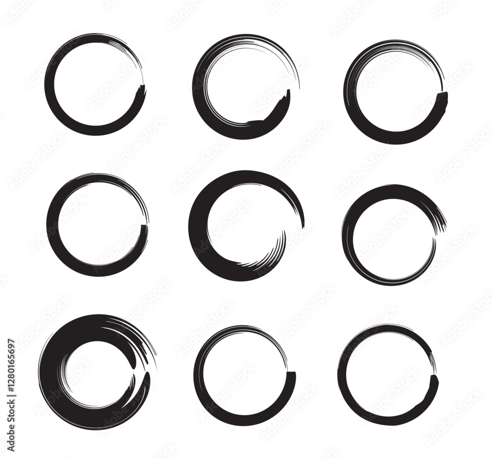 Grunge circles brush set. Black circle frames. Round line of black paint. Grunge round shapes. Circular ink brush stroke fro design elements Grunge circles brush set. Black circle frames. Round line of black paint. Grunge round shapes. Circular ink brush stroke fro design elements
