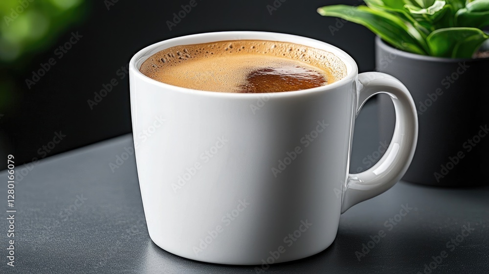 Fototapeta premium Espresso coffee mug on table, plant background, cafe setting, menu image