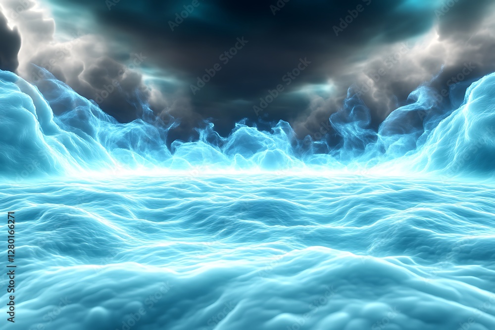 Abstract landscape of a glowing blue and white ethereal sea under a dramatic, dark stormy sky. The scene evokes a sense of mystery and otherworldliness. Light shines from below the surface of the Abstract landscape of a glowing blue and white ethereal sea under a dramatic, dark stormy sky. The scene evokes a sense of mystery and otherworldliness. Light shines from below the surface of the