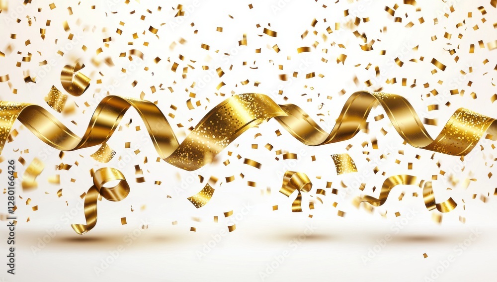 Fototapeta premium Golden ribbons and confetti floating in the air, creating a festive atmosphere for celebrations, parties, and special occasions with bright background