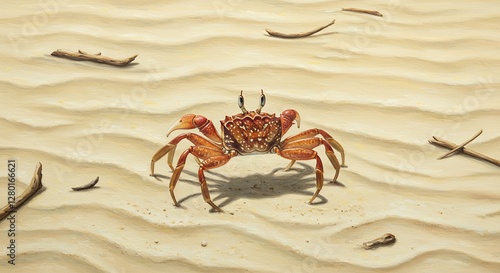 Crab Walking on Sandy Beach with Driftwood Illustration Art photo