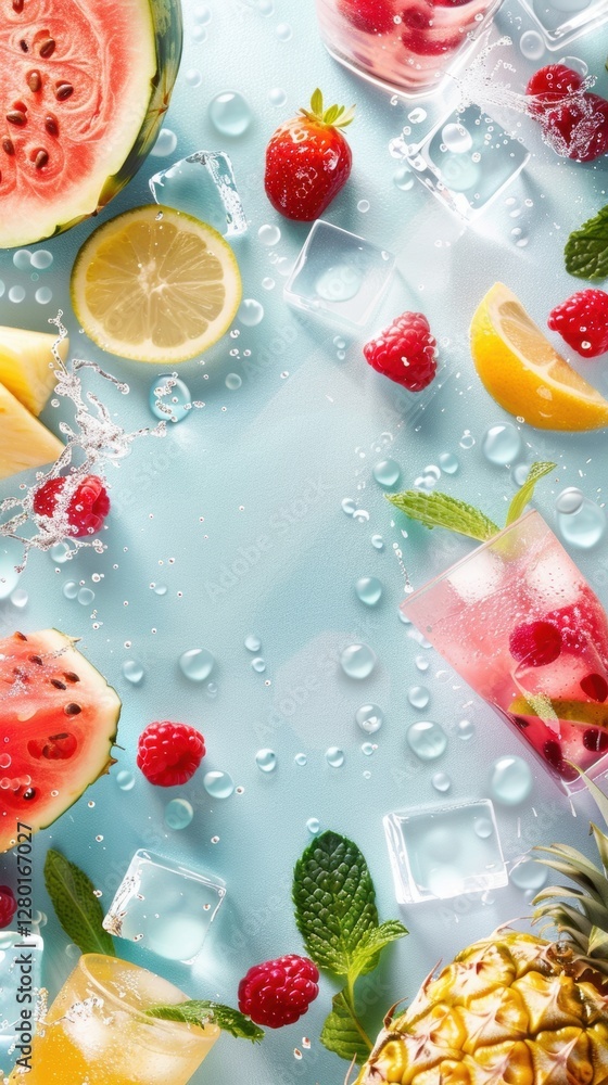 Refreshing summer beverages with citrus, berries, and ice on a light blue background Refreshing summer beverages with citrus, berries, and ice on a light blue background