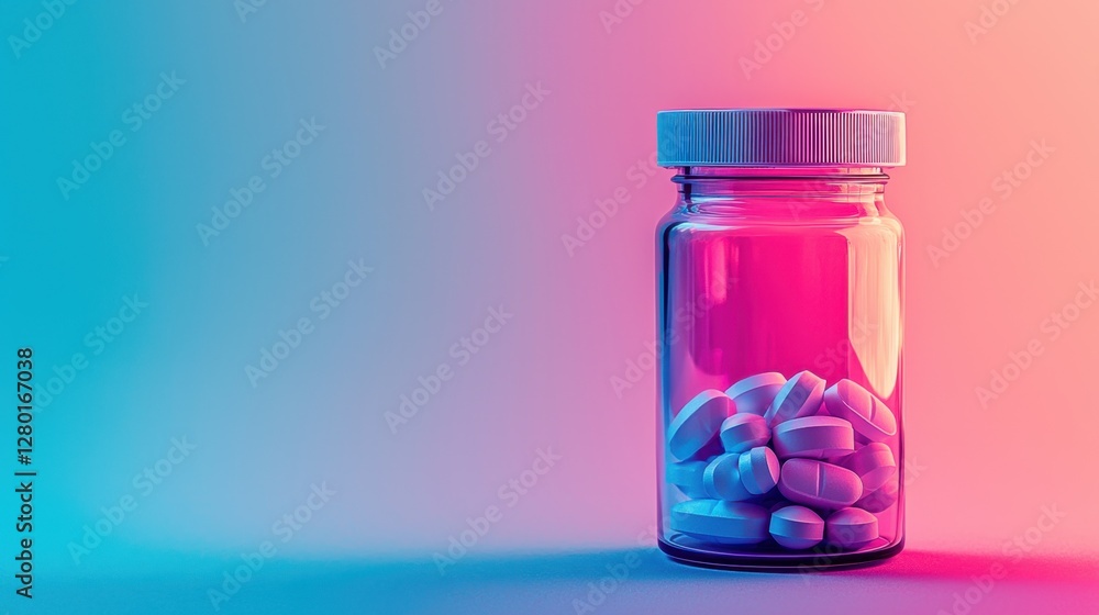 A scientific presentation of a pink capsule bottle, the glass transparency revealing detailed pills against a medical-style gradient. A scientific presentation of a pink capsule bottle, the glass transparency revealing detailed pills against a medical-style gradient.
