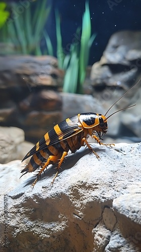 Striped Roach on Rock, Aquarium Setting photo