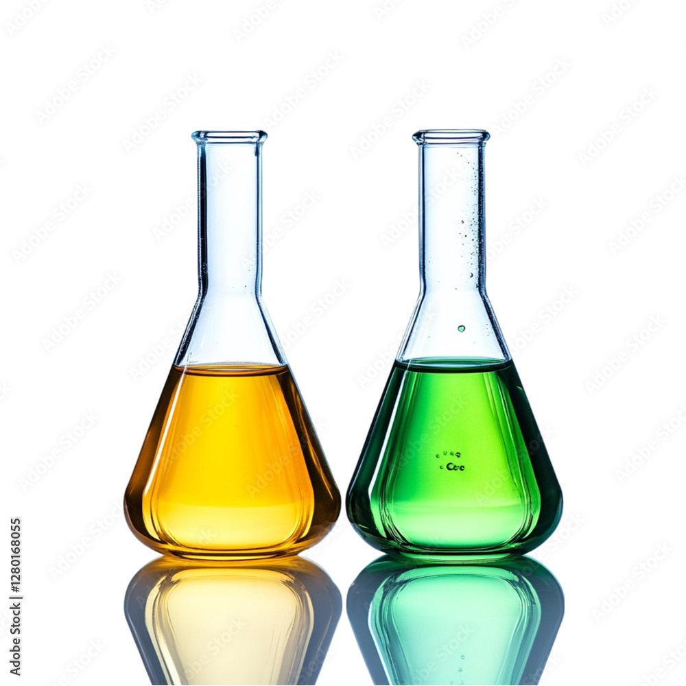 Two Erlenmeyer Flasks with Yellow and Green Liquids in Lab Two Erlenmeyer Flasks with Yellow and Green Liquids in Lab