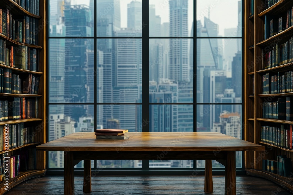 Urban library interior with city view, books on table Urban library interior with city view, books on table