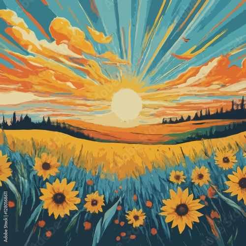 Colorful sunny summer landscape yellow flowers 