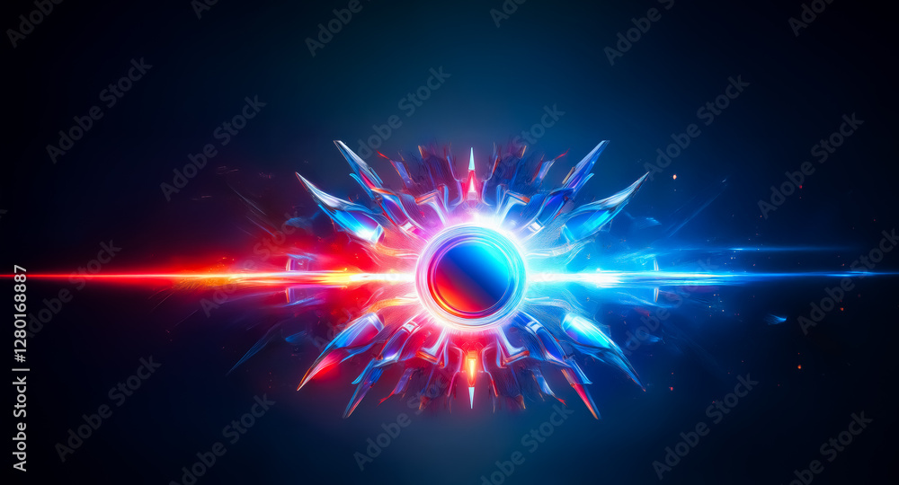 Abstract digital artwork featuring a central circular element with a vibrant gradient of red and blue, surrounded by sharp, geometric, crystal-like shapes against a dark backdrop. Abstract digital artwork featuring a central circular element with a vibrant gradient of red and blue, surrounded by sharp, geometric, crystal-like shapes against a dark backdrop.
