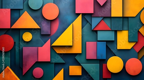 Colorful abstract painting featuring tangram shapes in harmonious colors and various forms