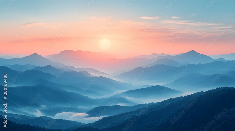 Mountain range with sunset and pastel clouds in a dreamy landscape view Mountain range with sunset and pastel clouds in a dreamy landscape view