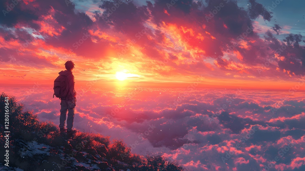 Obraz premium Person standing on mountain overlooking sunset with colorful cotton candy sky hues