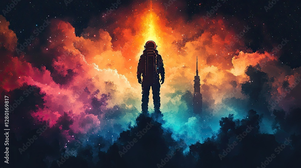 Astronaut on a mountain of clouds, gazing at a fiery sky, possible use for space exploration or science fiction posters Astronaut on a mountain of clouds, gazing at a fiery sky, possible use for space exploration or science fiction posters