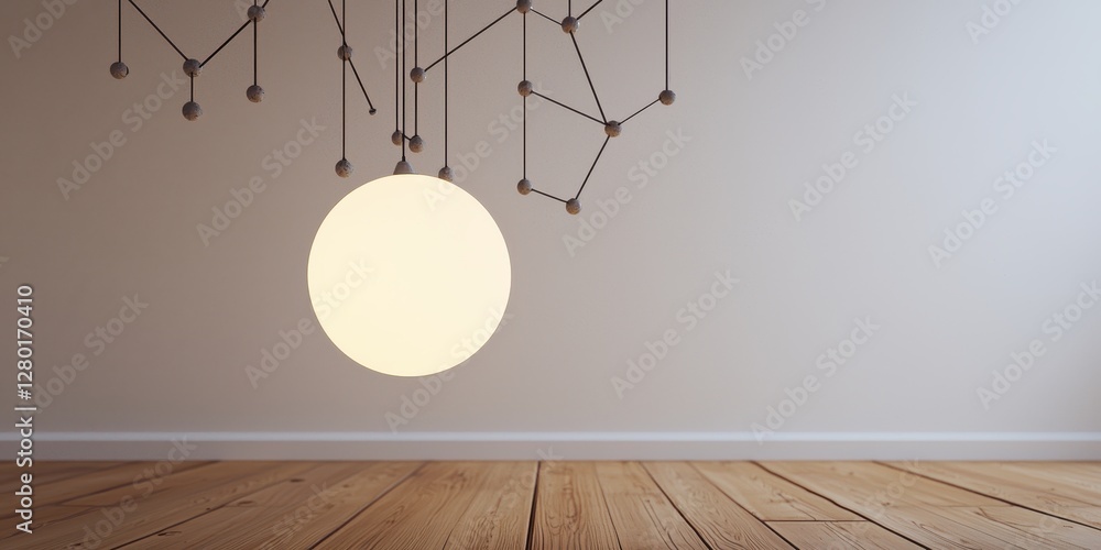 A minimalistic interior featuring a large circular light fixture and geometric wall decor, creating a modern and airy atmosphere.