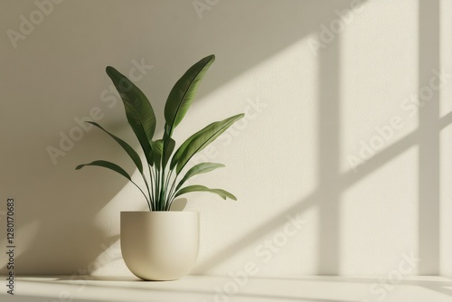 A minimalistic and elegant 3D-rendered image of a houseplant in a neutral-toned pot, perfect for interior design concepts