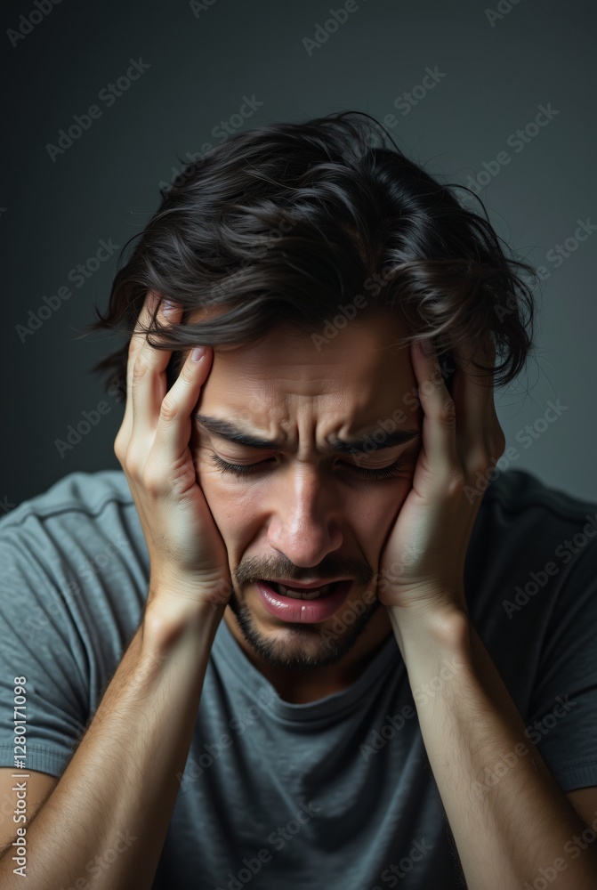 A close-up portrait of a man in obvious distress. He has dark hair and is wearing a gray t-shirt. A close-up portrait of a man in obvious distress. He has dark hair and is wearing a gray t-shirt.