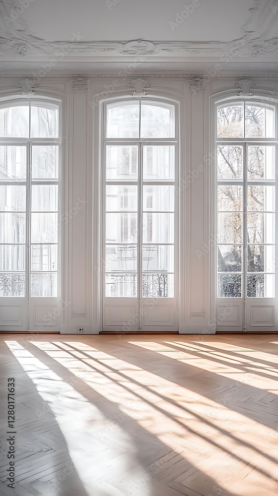 Fototapeta premium Sunlight streams through grand windows in empty Parisian apartment