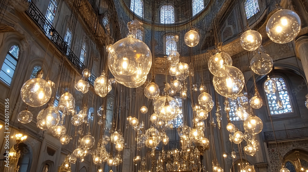 Fototapeta premium exploring the captivating allure of multiple glass globe pendant lights illuminating the ornate architectural interiors of mosques and cathedrals through exquisite design and warm ambiance