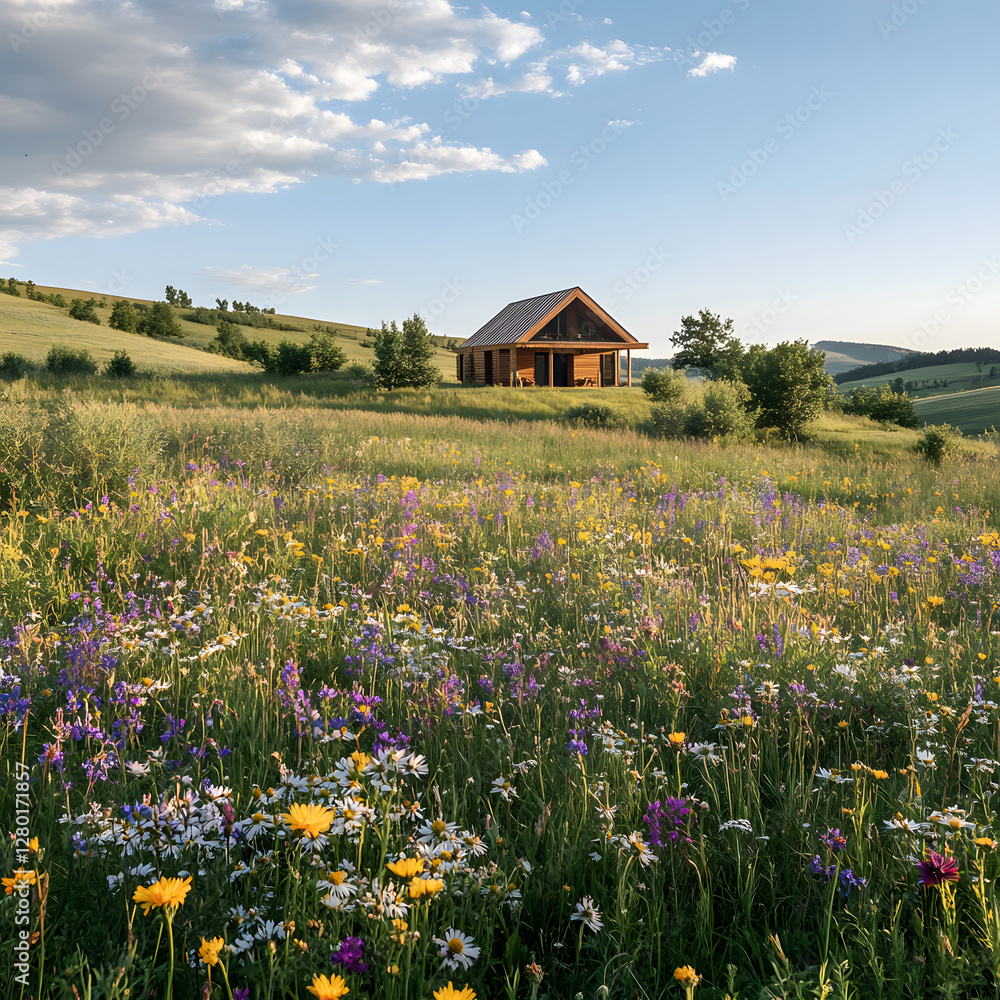 Obraz premium Wide-angle view of field of wildflowers with sustainable wooden cabin in the distance, showcasing tranquil countryside retreat with blooming nature, eco-living, and serene rural landscape