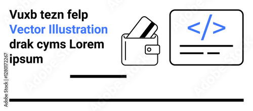 Wallet containing credit cards alongside a coding interface screen with developers code. Ideal for digital finance, web development, e-commerce, coding education, fintech innovation, online security