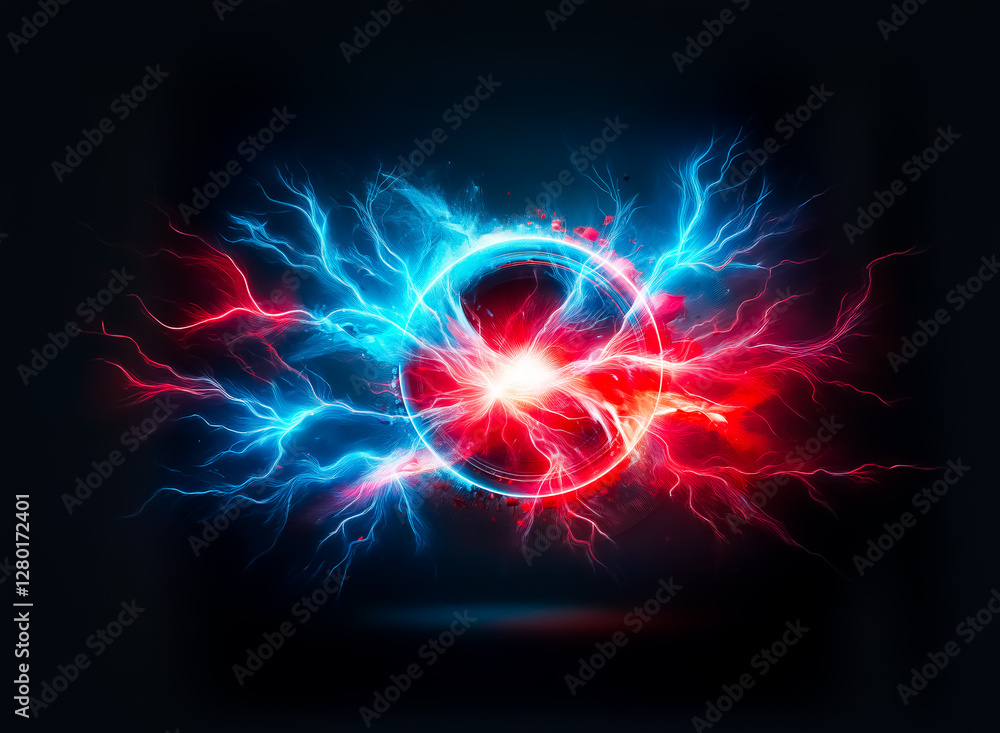 Fototapeta premium Abstract glowing circle emits dynamic bursts of vibrant blue and red energy on a dark backdrop. Visually striking and impactful.