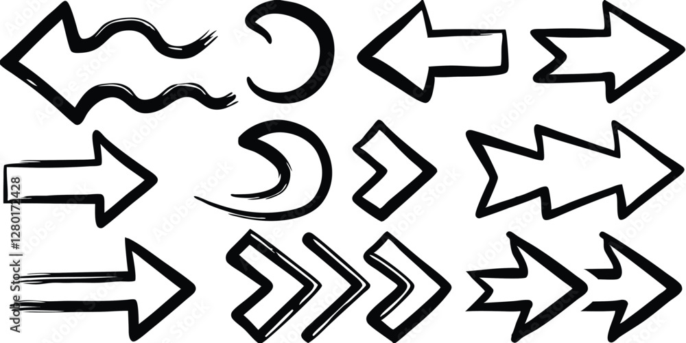 hand-drawn arrow icon set features grunge marker line scribbles, curve brush strokes, sketch direction shapes, and marks, creating a black artistic punk style graphic element. hand-drawn arrow icon set features grunge marker line scribbles, curve brush strokes, sketch direction shapes, and marks, creating a black artistic punk style graphic element.