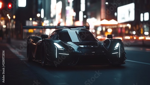 Futuristic race car on city street at night photo