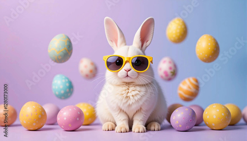 Trendy Easter bunny rocking funky sunglasses on a pastel gradient background