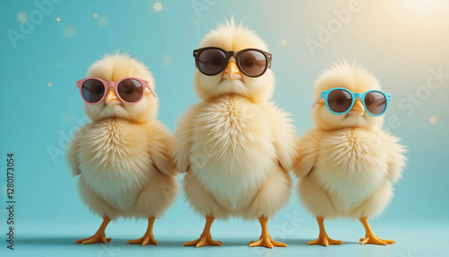 Cool farm baby chicks wearing trendy sunglasses in pastel vibes
