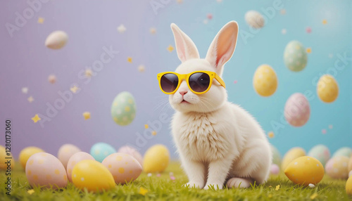 Aesthetic bunny in lilac and sky blue with floating festive eggs