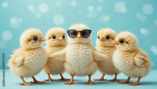 Gossiping baby chicks with trendy sunglasses in a playful moment