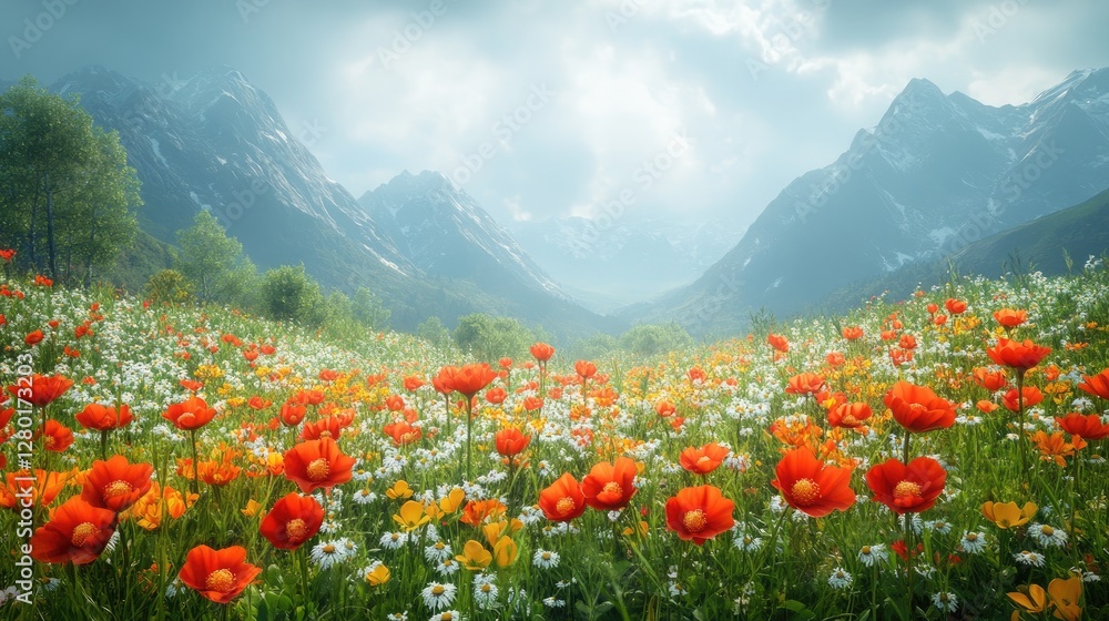 Mountain Meadow Bloom, Spring Flowers, Misty Peaks Mountain Meadow Bloom, Spring Flowers, Misty Peaks