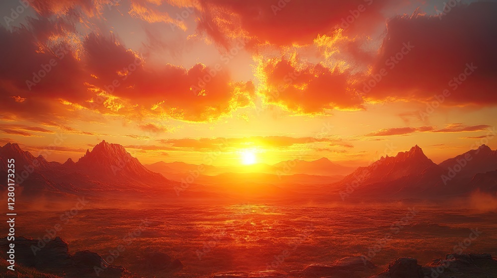 Fototapeta premium Fiery Sunset Over Misty Mountains