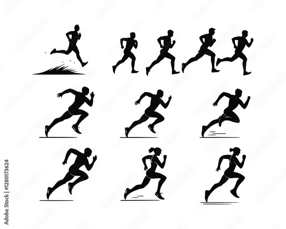 Running Athlete Silhouette Vector Template Set Running Athlete Silhouette Vector Template Set