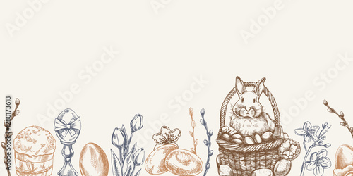 Hand drawn Easter border with bunny in basket, eggs, willow and spring flowers in vintage engraving style