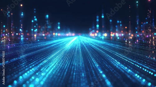 Futuristic digital city road, abstract lights, moving data, technological progress, stock photo