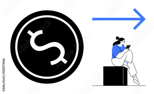 Woman sitting on box using a tablet, large dollar sign on left, and blue arrow pointing right. Ideal for finance, technology, progress, investment, personal growth, strategic planning career