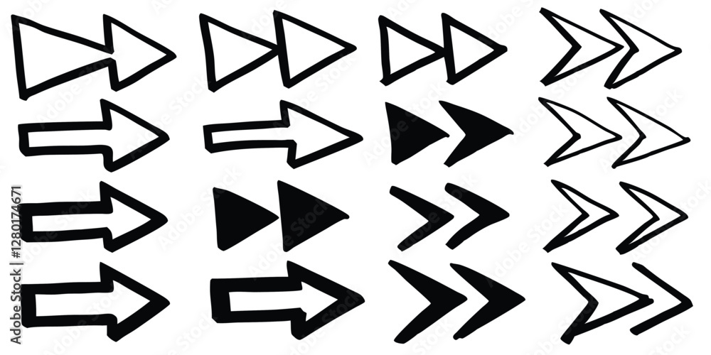 hand-drawn arrow icon set features grunge marker line scribbles, curve brush strokes, sketch direction shapes, and marks, creating a black artistic punk style graphic element. hand-drawn arrow icon set features grunge marker line scribbles, curve brush strokes, sketch direction shapes, and marks, creating a black artistic punk style graphic element.