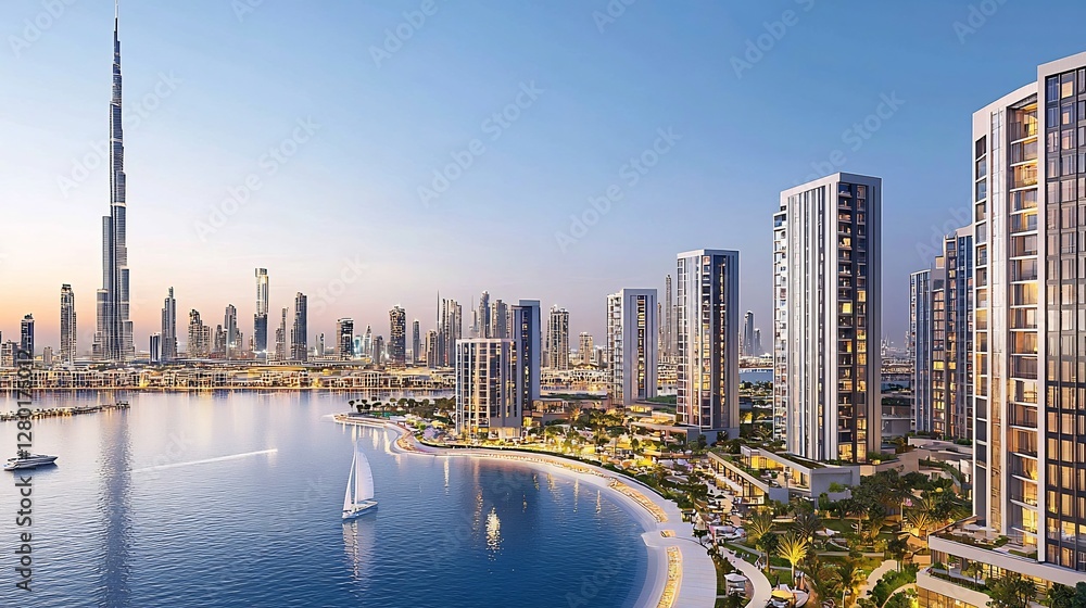 Obraz premium Dubai waterfront luxury apartments, sunset view